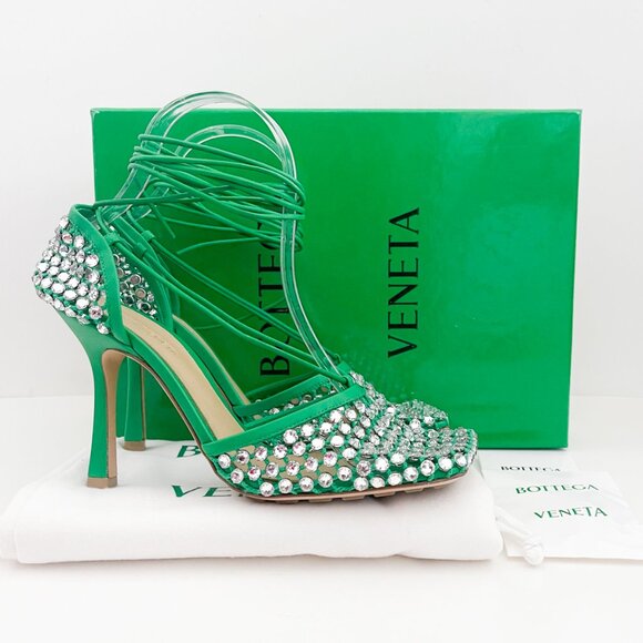 Bottega Veneta Sparkle Stretch Lace-Up Sandal Mesh Crystals Parakeet Green - Picture 16 of 16